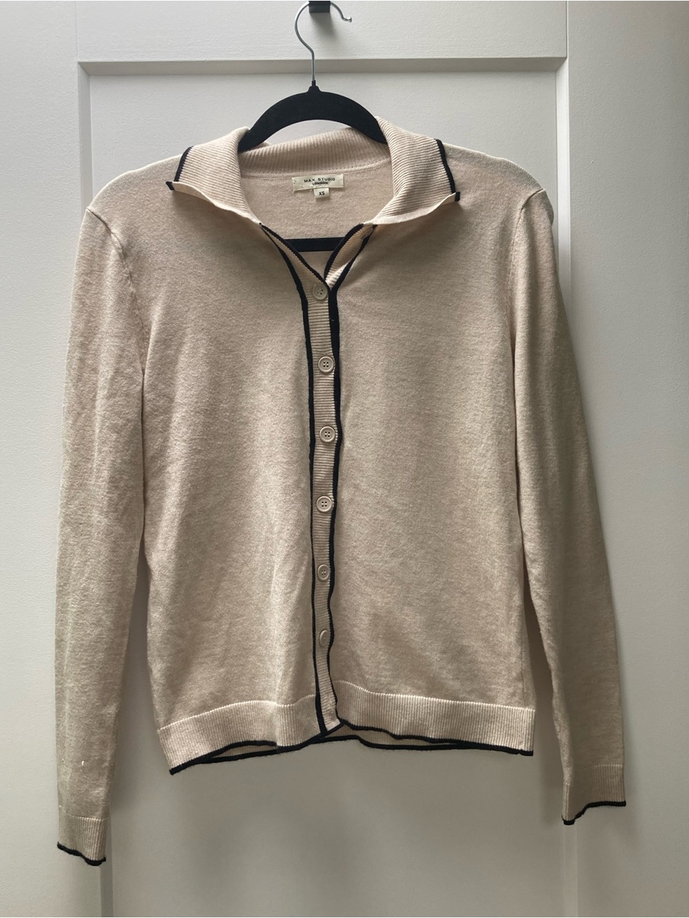 Max Studio Cream Collared Cardigan with Black Trim